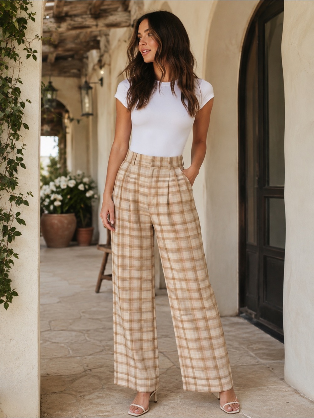 Wilfred Effortless Pant Beige Plaid High-Waist Wide-Leg Pants